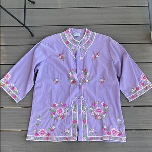 Floral Embroidered Purple Blouse Vintage Button Down Top